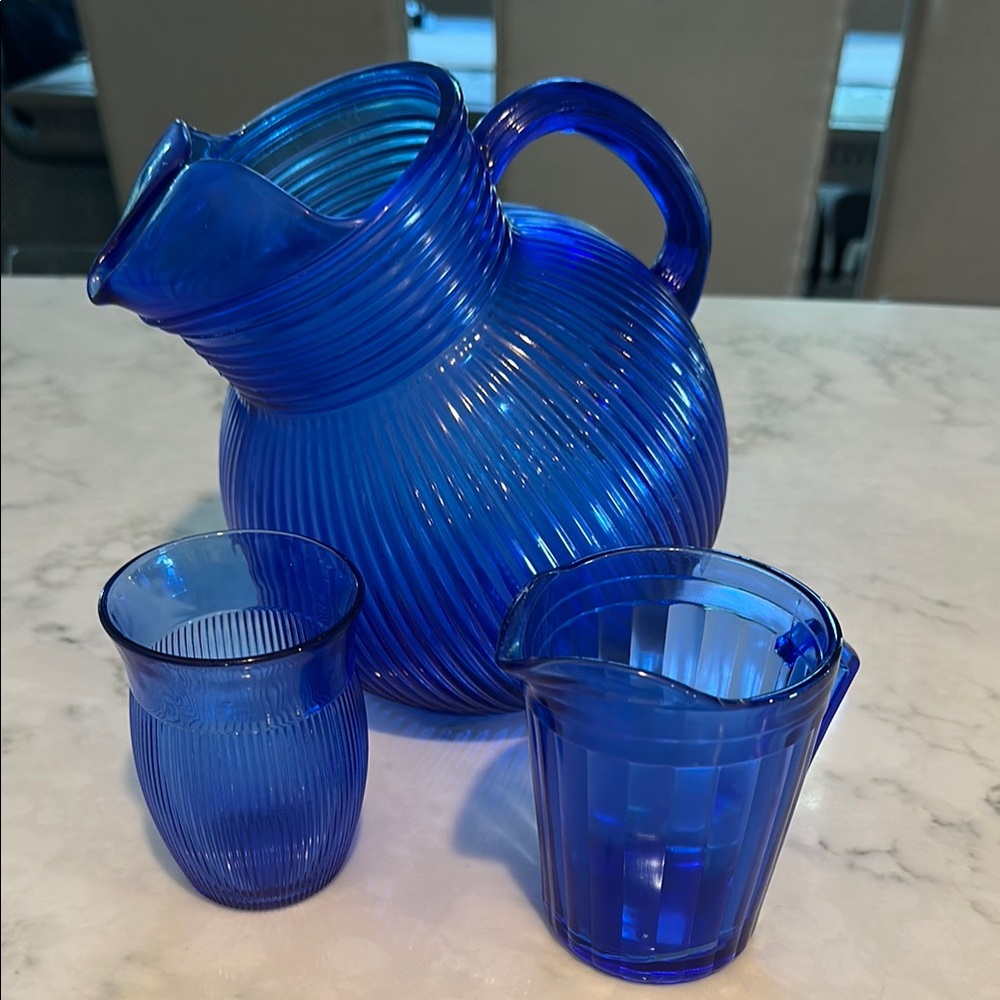 Vintage Hazel Atlas Ball Elegant Cobalt Blue Glass Pitcher and Tumbler Set